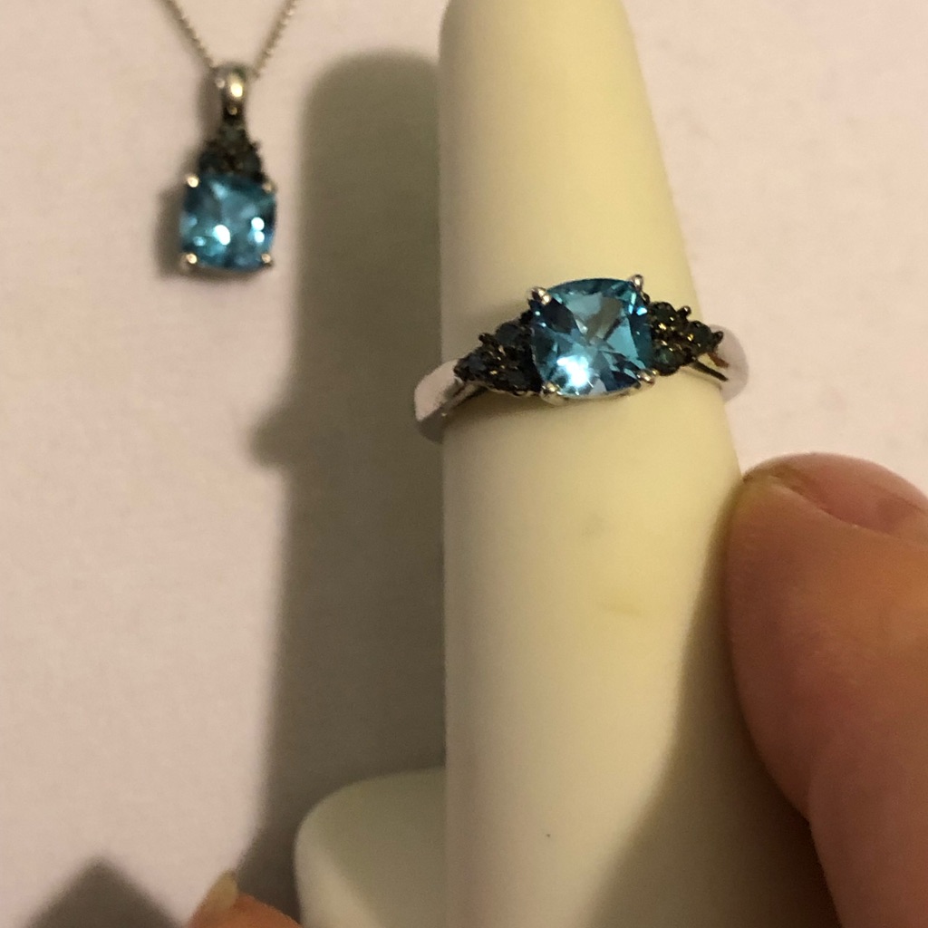 3 Set Blue Topaz & Blue Diamond Ring & Necklace